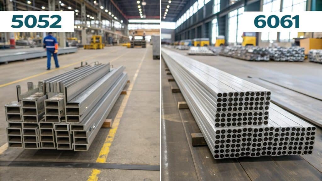 A visual guide comparing how 5052 and 6061 aluminum behave under stress (e.g., bending) and a diagram of typical spark patterns for each.
